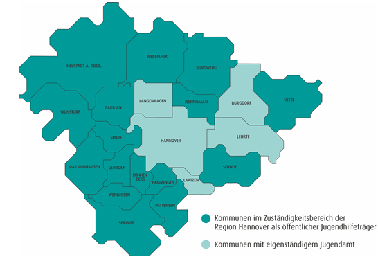 Kommunen in der Region Hannover: Dunkelgrün: Kommunen im Zuständigkeitsbereich der Region Hannover als öffentlicher Jugendhilfeträger | helleres Grün: Kommunen mit eigenständigem Jugendamt